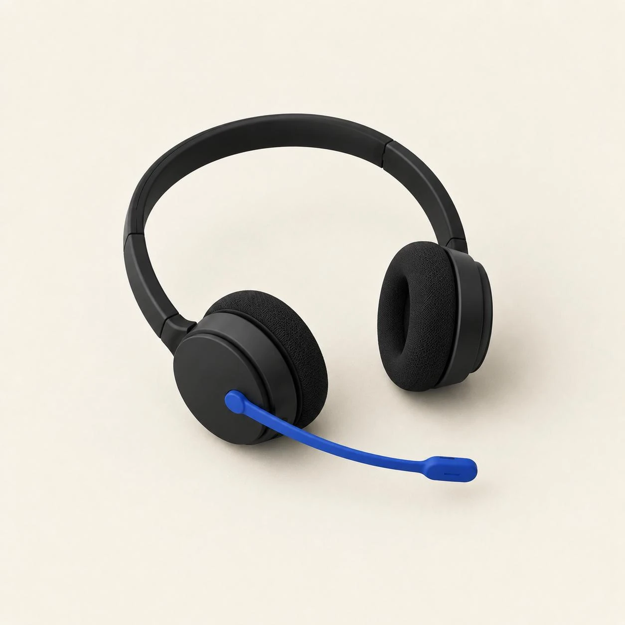 Illustration: Ein schwarzes Headset mit blauem Mikrofonarm.