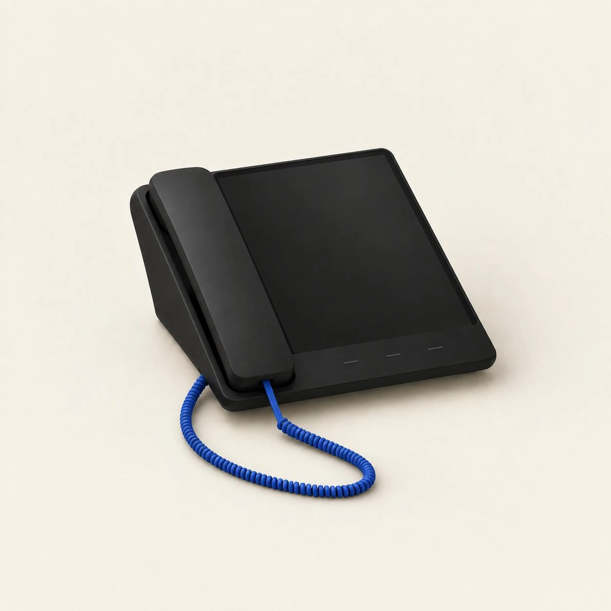 Illustration: Ein schwarzes Tischtelefon mit blauem Spiralkabel.