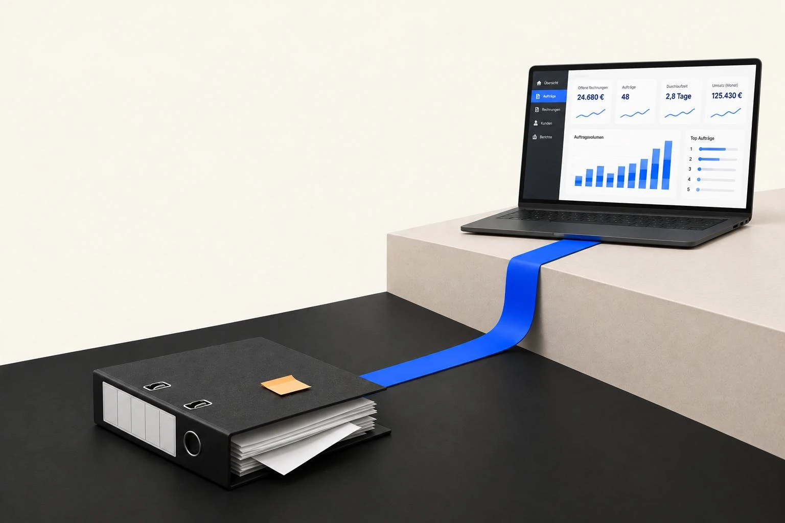 Illustration: Ordner auf einer dunklen Fläche, ein blaues Band führt über eine Stufe zu einem Laptop.