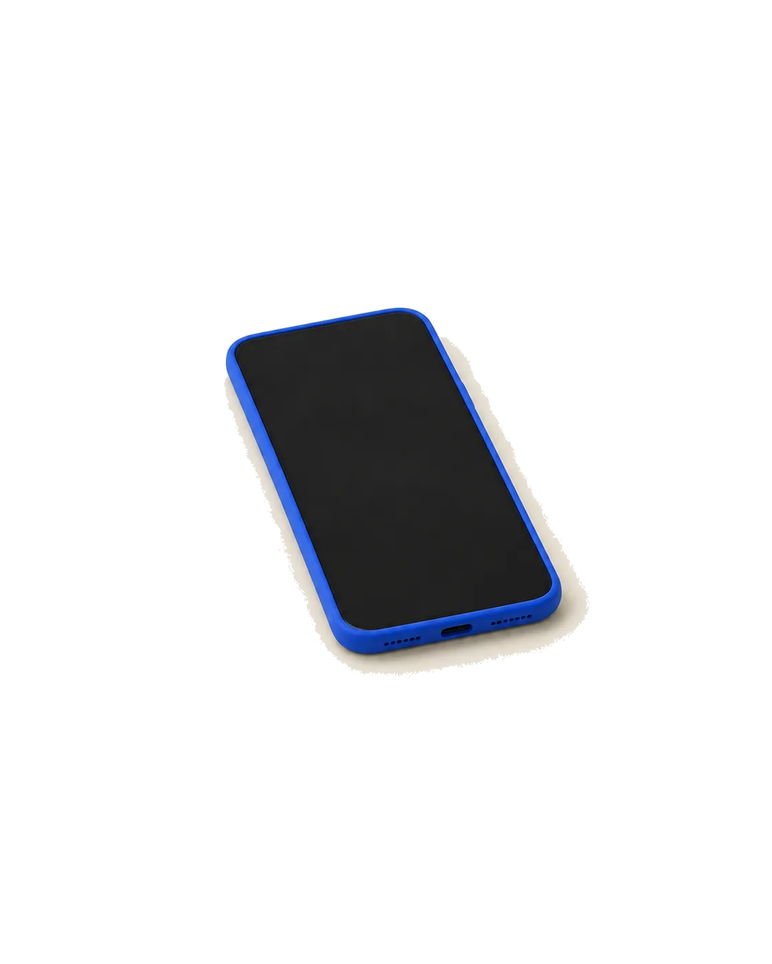 Stillleben: ein Telefon mit blauer Hülle, schwarzer Bildschirm, auf hellem Grund.