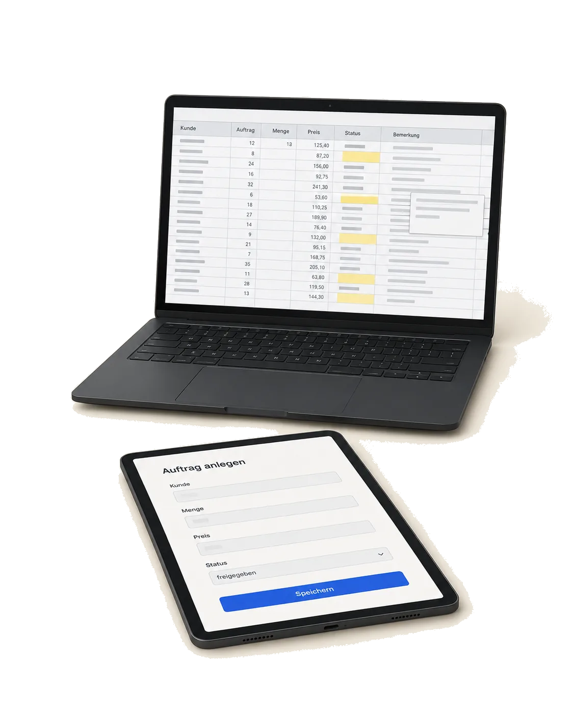 Stillleben: ein Laptop mit einer Auftragstabelle und davor ein Tablet mit der Eingabemaske "Auftrag anlegen".